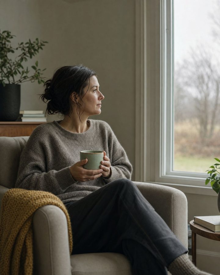 A woman sits in an armchair by a window, holding a cup of tea and looking out calmly.
