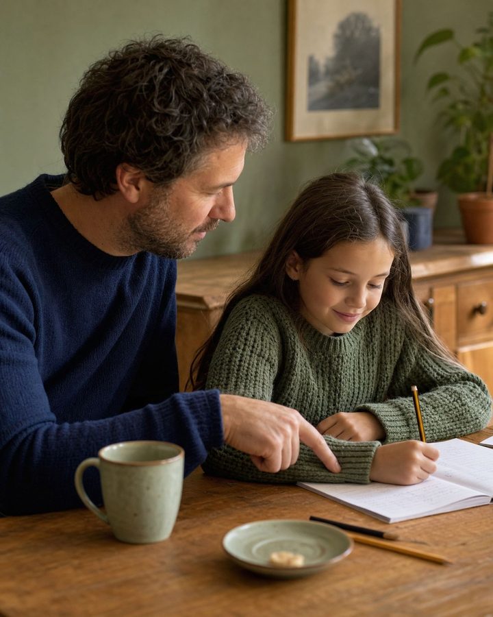 A father sits beside his young daughter at the kitchen table, calmly helping with her homework.